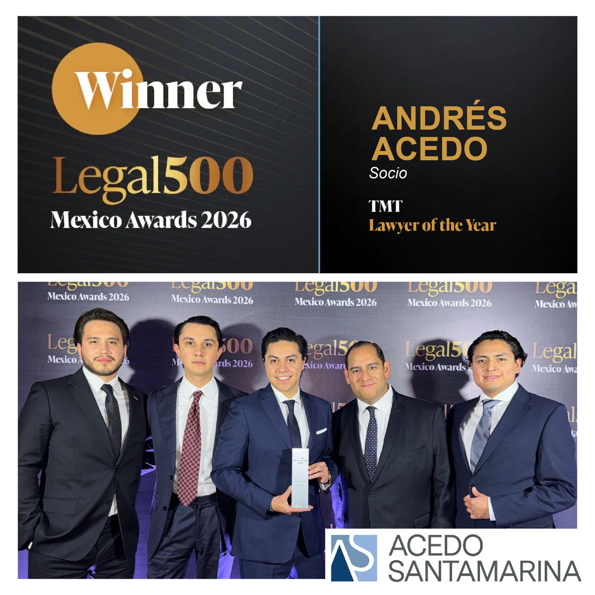 ACSAN_MX's tweet photo. Winner – Legal 500 Mexico Awards 2026
Andrés Acedo ha sido nombrado TMT Lawyer of the Year.
Un merecido reconocimiento a su destacada labor. ¡Enhorabuena!
#ACSAN #MEXICO #AWARDS #LEGALMEXICOAWARDS2026 https://t.co/367eT8Pi9w