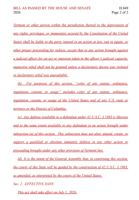 segalmr's tweet photo. Here is the text of Vermont's new law allowing individuals to sue govt officials, including *federal* officials, for violating U.S. Constitutional rights. https://t.co/m62cxxpjsg