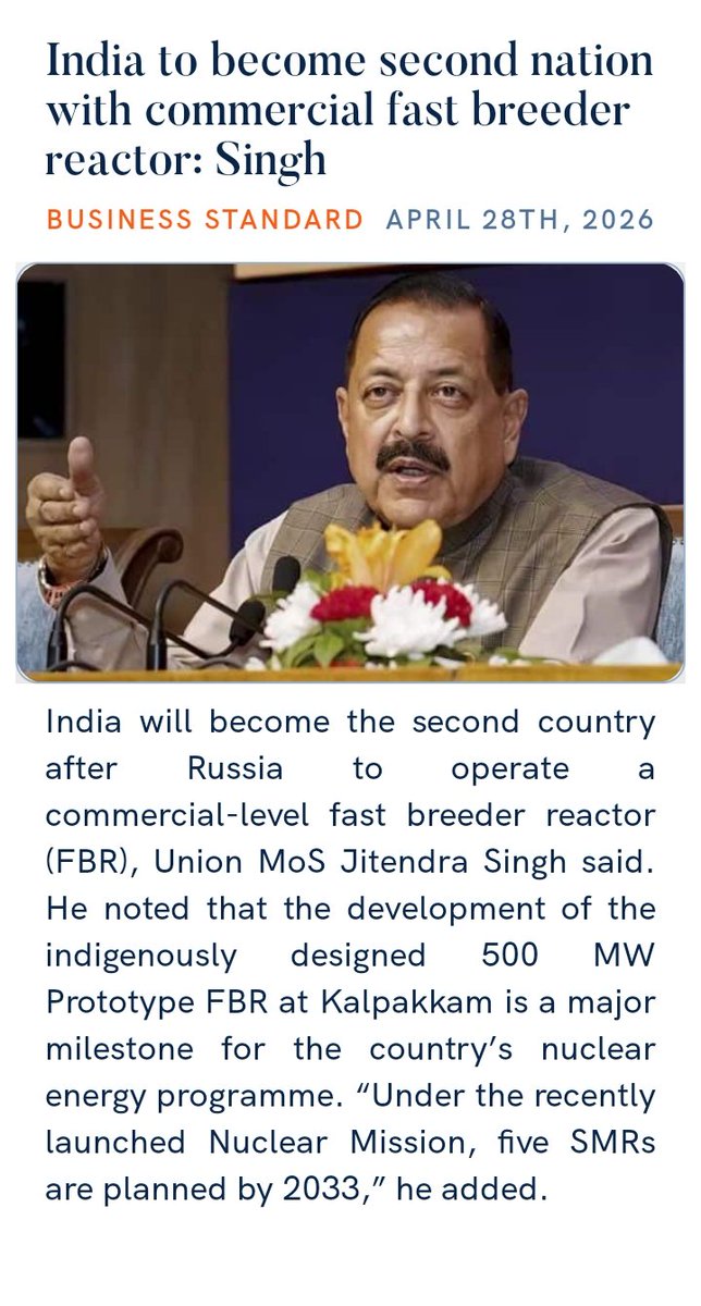 mylaraprem's tweet image. #PM #Prime #ISRO #India #IndianAirForce #IndianArmy #indiannavy #Challenge #Honorable @BJP4India @BJPLive @IndiaToday @BJP4Karnataka 

#India to become second nation with commercial fast breeder reactor: Singh

business-standard.com/india-news/ind… via NaMo App