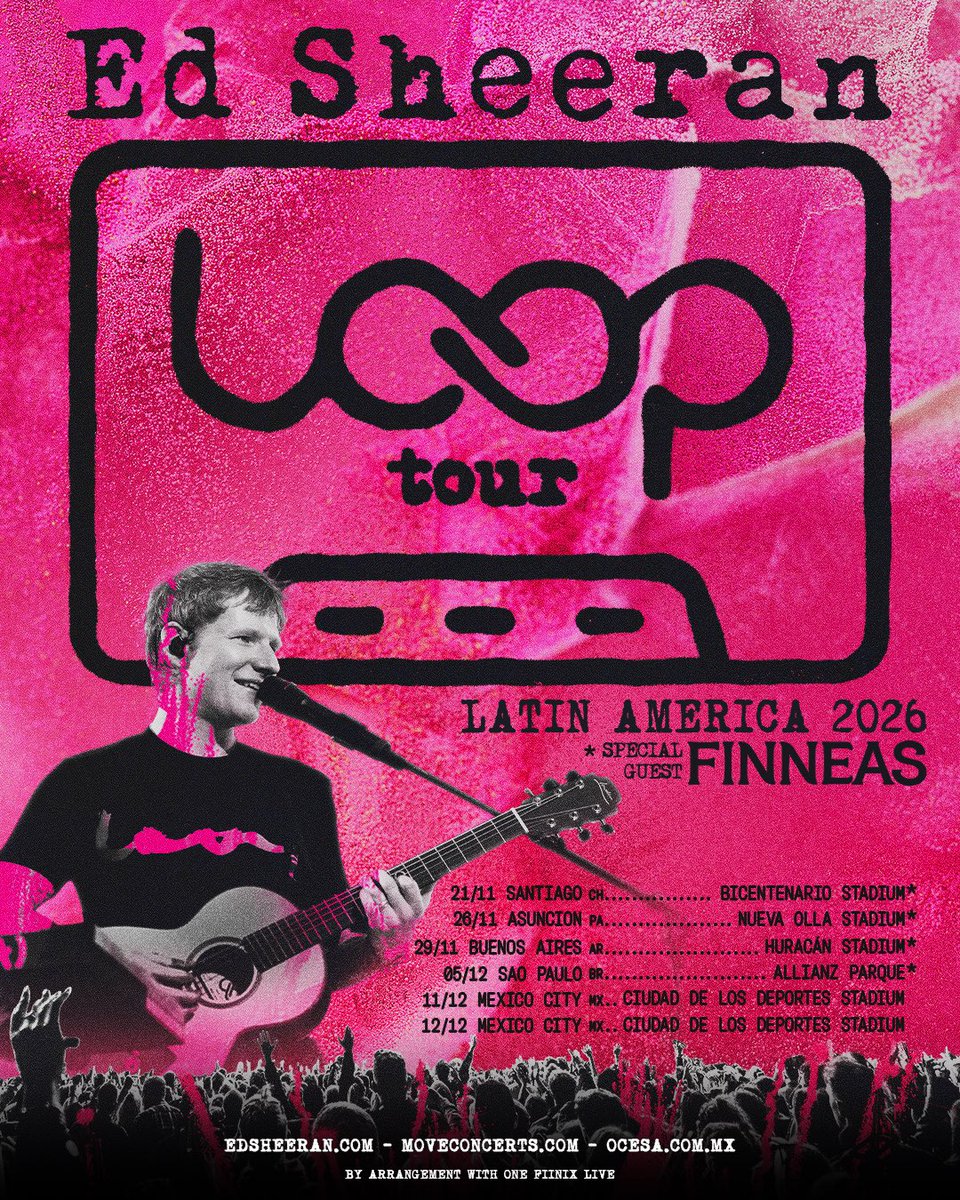 Brazil, Argentina, Chile, Paraguay 🇧🇷🇦🇷🇨🇱🇵🇾 the Loop Tour is coming! 

Tickets are on-sale May 5th  🩷 Head to edsheeran.com/#tour  for more info