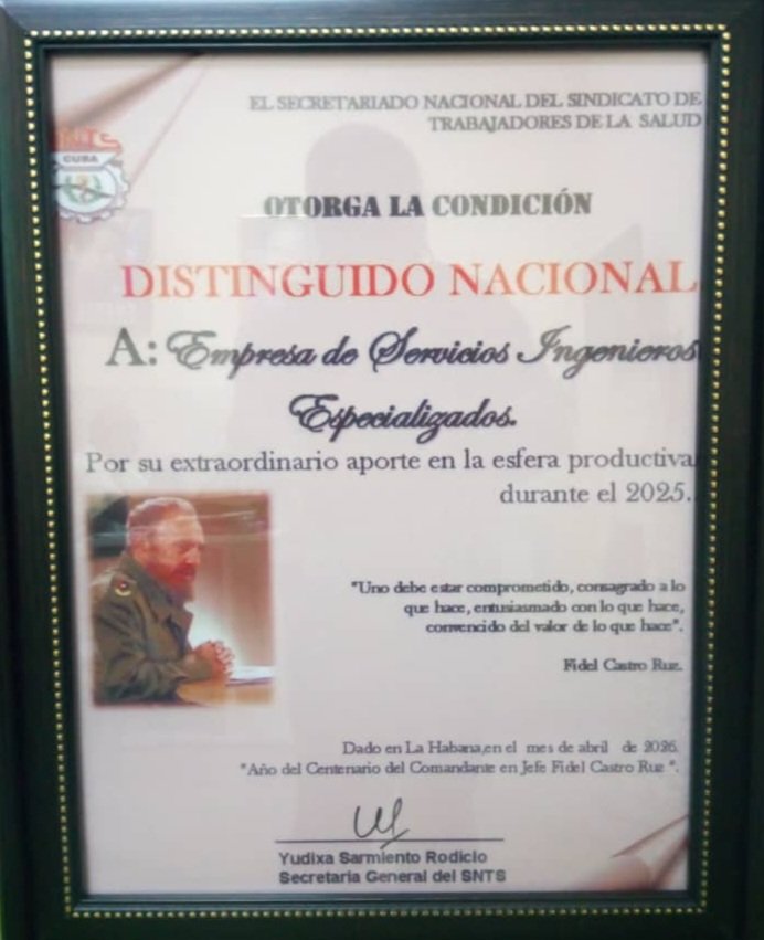 En el día de ayer, la ESINES recibió la condición de Colectivo Distinguido Nacional, otorgada por el Secretariado del  Sindicato Nacional de Trabajadores de la Salud.
Nuestra Empresa asume con responsabilidad esta Condición.
#CubaEstáFirme