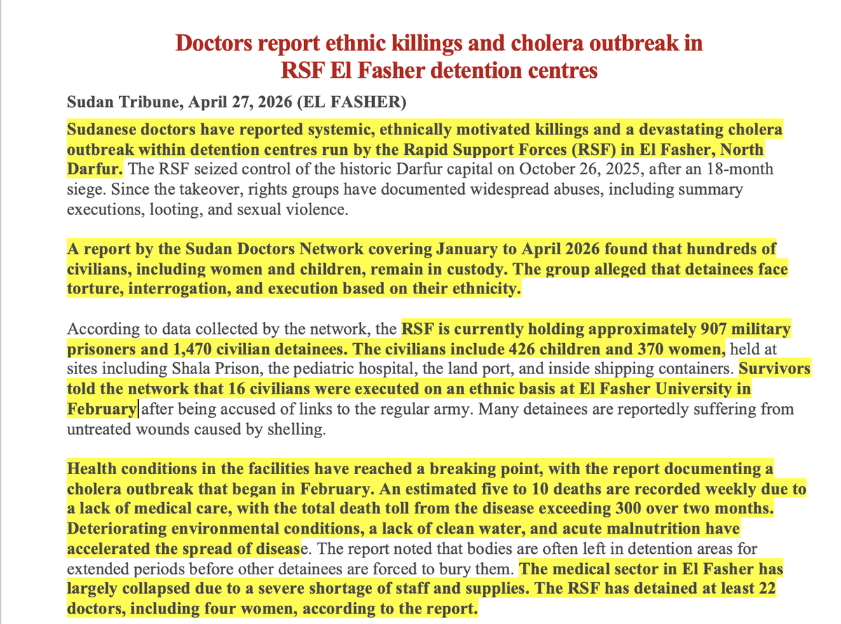 sudanreeves's tweet photo. The #RSF is running what only be called a concentration camp in El #Fasher. Executions based on ethnicity are reported; health conditions for some 2,400 persons—including 800 women and children—being detained are horrific and have reached a “breaking point”; a #cholera outbreak is devastating…
#UAE
#Hemedti
#genocide