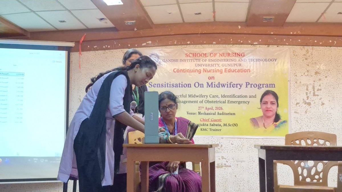 GIETUniversity's tweet photo. The School of Nursing successfully organized a Continuing Nursing Education (CNE) Program on Sensitisation on Midwifery on 27th April 2026 at the Mechanical Auditorium. The session aimed at enhancing awareness and professional competency in maternal and newborn care among students and faculty members.

The program was graced by Mrs. Sanjukta Sabata, https://t.co/tPbwW15jvW (N), RMC Trainer, who delivered an insightful session on respectful and woman-centered maternity care during pregnancy, labor, and the postnatal period.

Key highlights of the session included:

✨ Identification & management of obstetrical emergencies
✨ Understanding conditions like postpartum hemorrhage, eclampsia, obstructed labor & fetal distress
✨ Importance of partograph in monitoring labor progress
✨ Ensuring timely intervention for safe delivery

The interactive participation of students made the session highly engaging and beneficial for both academic and clinical learning.

A step forward in building skilled, compassionate, and competent nursing professionals!

#GIETUniversity #SchoolOfNursing #CNEProgram #MidwiferyCare #MaternalHealth #NewbornCare #NursingEducation #HealthcareExcellence #FutureNurses #ClinicalLearning