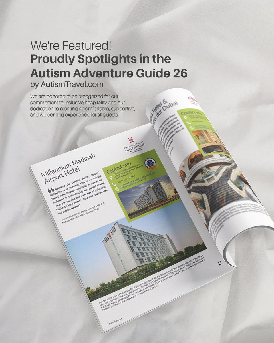 MMadinahAirport's tweet photo. We’re proud to be featured in the Autism Adventure Guide 2026 by https://t.co/wTcuM1uRnP 🌍💙
This recognition reflects #Millennium_Madinah_Airport_Hotel commitment to inclusive hospitality and welcoming every guest with care.
Read more: https://t.co/OTBPNyEZqU

#IBCCES https://t.co/QmsU05Xtgn