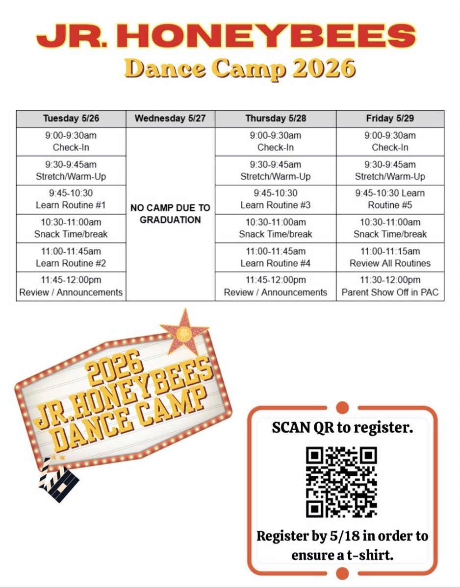 Spirit_ECHS's tweet photo. It is almost time for our Jr. Honeybees Camp!🐝
Jr.HB camp will be held on May 26, 28 &amp; 29 for dancers ages 4-14! Can't wait to see you there!🐝🎬
Registration Link: https://t.co/zZTdBQj9Yj https://t.co/ZUfMogTzjt