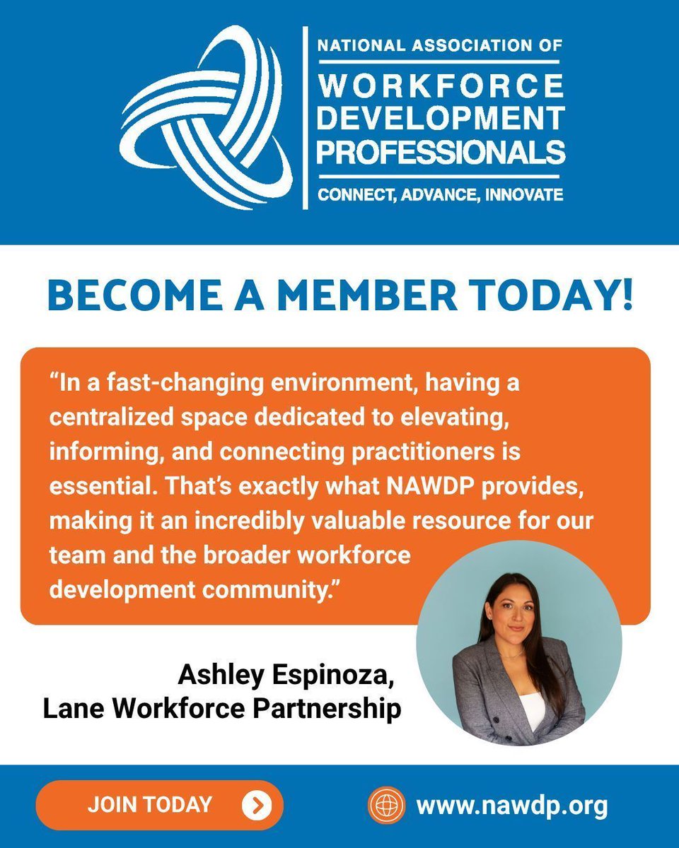 NAWDP's tweet image. “In a fast-changing environment, having a centralized space to connect and stay informed is essential.”
Ashley Espinoza of Lane Workforce Partnership on the value of NAWDP.

Join now and get membership through June 30, 2027. 
nawdp.org/membership/mem…

#WorkforceDevelopment