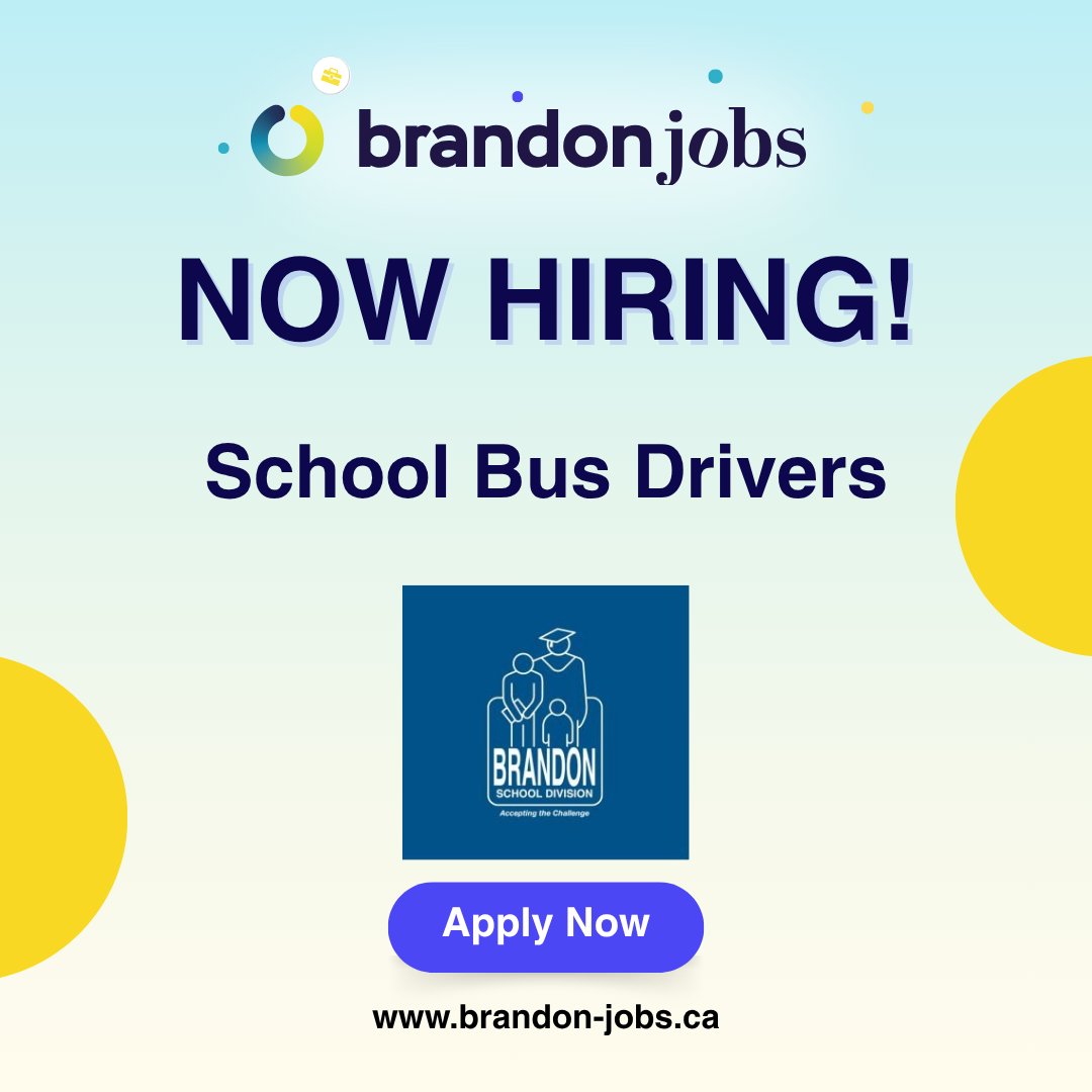 Bdn_jobs's tweet photo. Now Hiring! Join Brandon School Division as School Bus Drivers.

Don't wait, apply today!
https://t.co/QKELXJ5IWJ

#NowHiringBrandon #Career #NowHiring #BrandonJobs #BdnMB #BrandonMB #Westman #WestmanMB #WestmanWork #CareerGrowth #SchoolBusDrivers #BusDrivers #HiringDrivers https://t.co/PIpUCZyrmH
