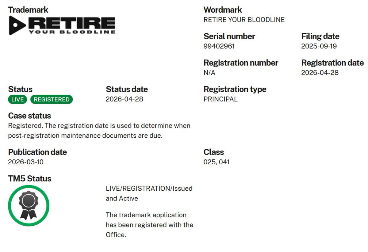 _Shadow36's tweet image. I wasn’t kidding when I said I was going to dedicate everything I had to $retire.

So I went and made this trademark happen about 7 months ago and it just got approved.

I want us to dominate the real world and crypto world and I truly want to make history.

I’m not fucking