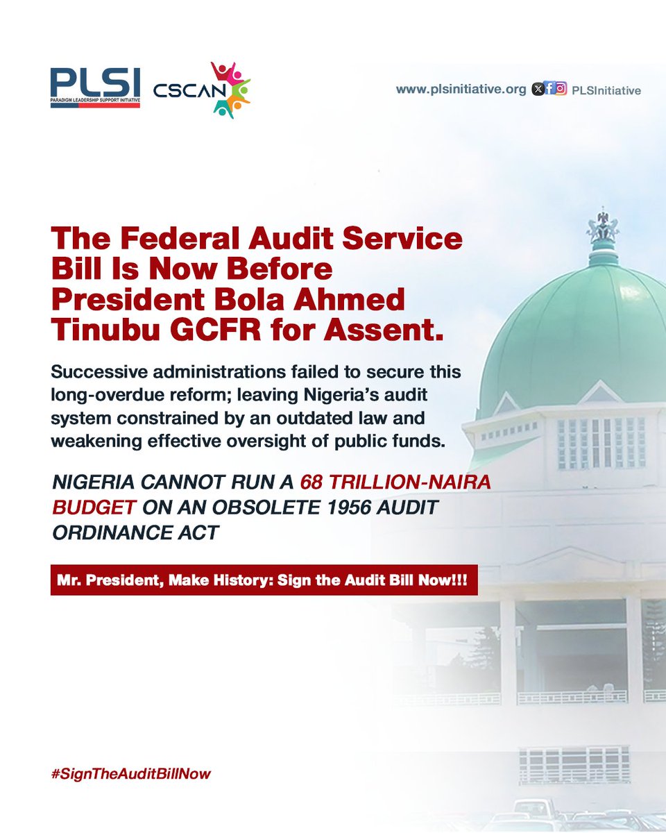 PLSInitiative's tweet photo. Dear Nigerians,

This Is About Your Money!

When audit institutions are weak:
~Citizens suffer
~Corruption hides
~Waste increases
~Projects fail

When audit institutions are strong:
✅ Better roads
✅ Better hospitals
✅ Better schools
✅ Better value for public funds

We urge the President, @officialABAT, to #SignTheAuditBillNow!