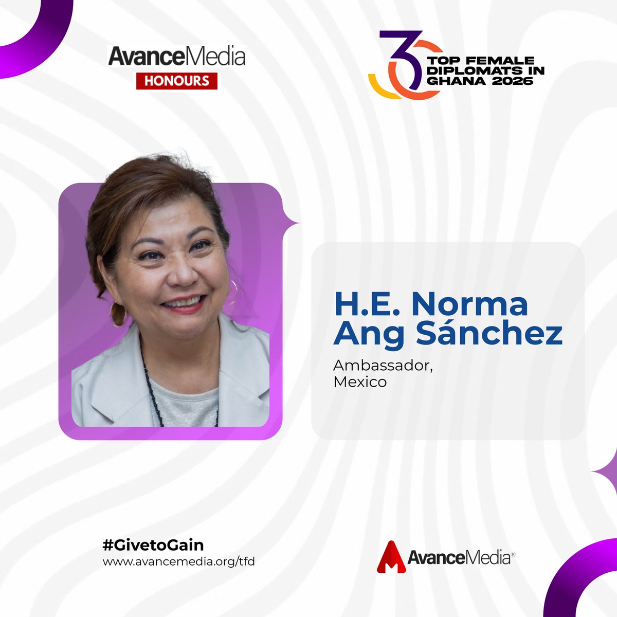 avancemedia's tweet photo. Top 30 Female Diplomats in Ghana 2026

H.E. Norma Ang Sánchez || Ambassador, Mexico

H.E. Norma Ang Sánchez strengthens bilateral engagement and international cooperation.

cc: @NormaAngS1  @EmbamexGhana 

🔗 More information: https://t.co/9oaR8PDvuf

#AvanceMedia #TopFemaleDiplomats #WomenInLeadership #Diplomacy #Ghana