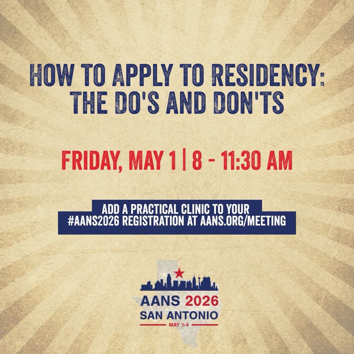 KyleTuohyMD's tweet photo. For any medical students attending AANS next week:

I’m speaking at the Practical Clinic "How to Apply to Residency: The Do’s and Don’ts" on Friday, May 1st at the 2026 AANS Annual Meeting.

Date: Friday, May 1
Time: 8 am–11:30 am
Register at: https://t.co/D9DBG9XqWv https://t.co/WjiB3C9VqW