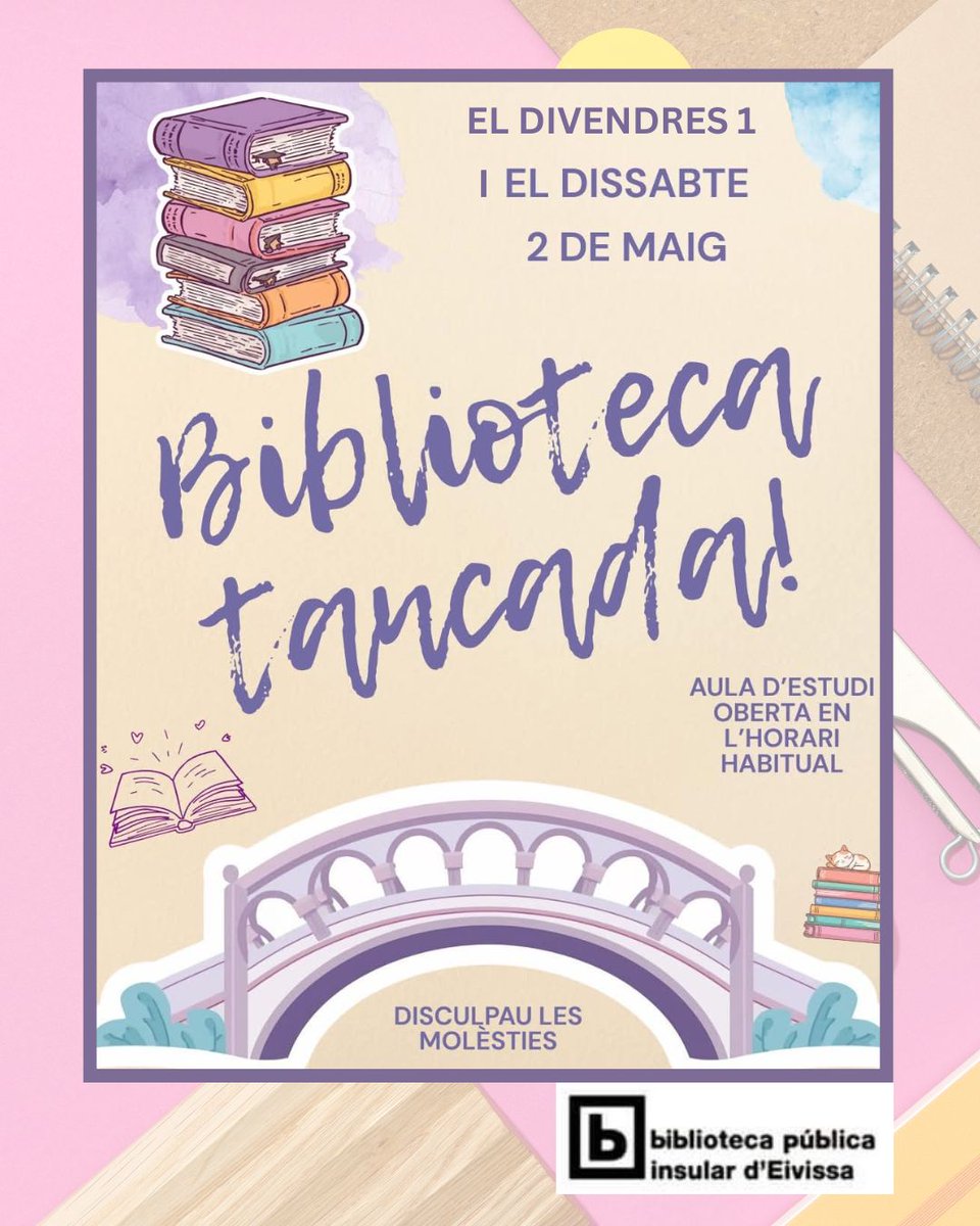 📣 Biblioteca tancada:
🔒 Divendres, 1 de maig Dia Internacional dels Treballadors i festiu.
👩🏽‍💻 Dissabte, 2 de maig (aula d'estudi oberta).