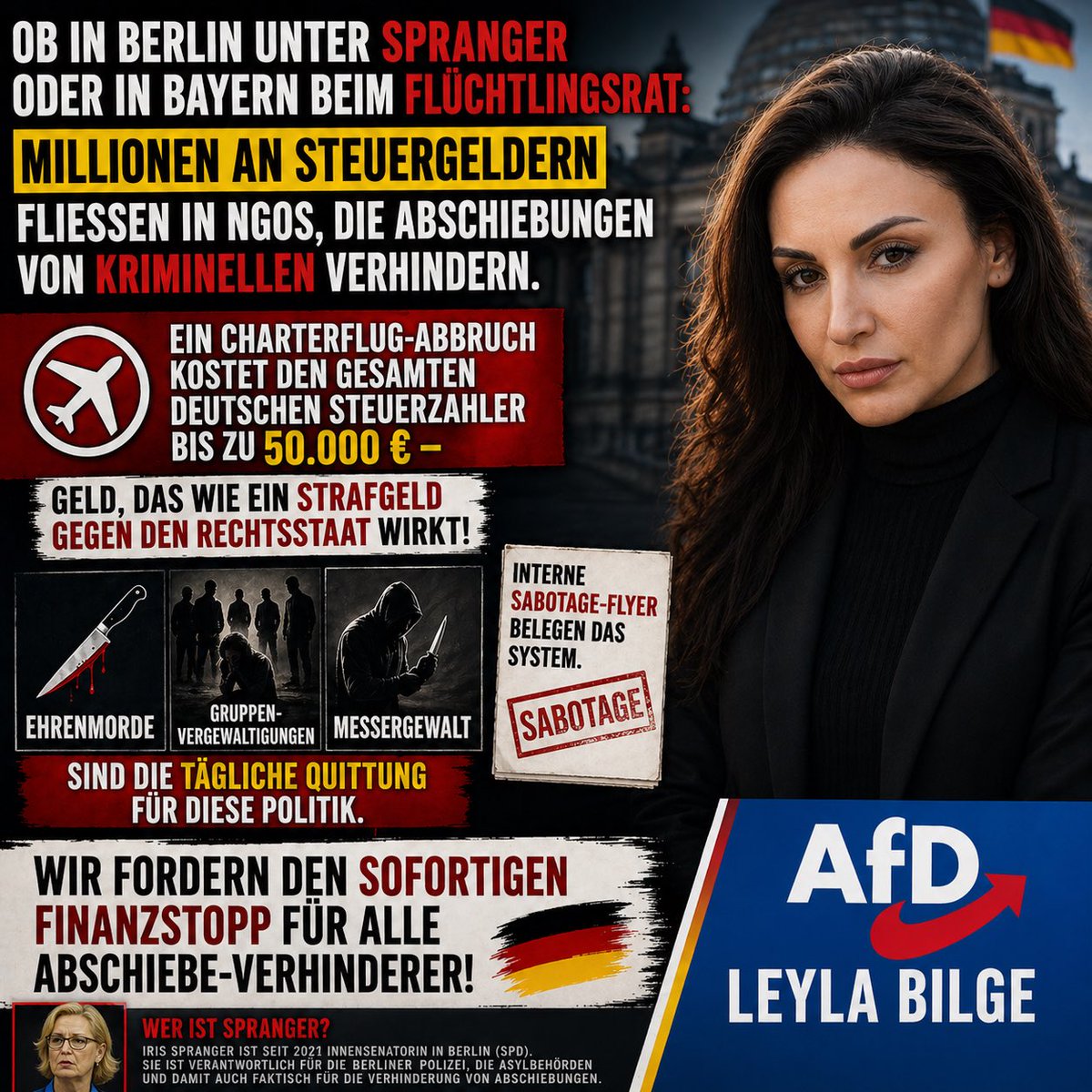 Eure_LeylaBilge's tweet photo. Das Kartell der Rechtsbeuger!
Der Staat finanziert seine eigene Sabotage: Millionen für NGOs, die Abschiebungen verhindern. Ein Flugabbruch kostet Sie 50.000 €! Ob unter Spranger (Berlin) oder Dobrindt (Bund) Schluss mit dem Steuerwahnsinn!
#Abschiebeindustrie #LeylaBilge #AfD https://t.co/2UlhYcwuiR