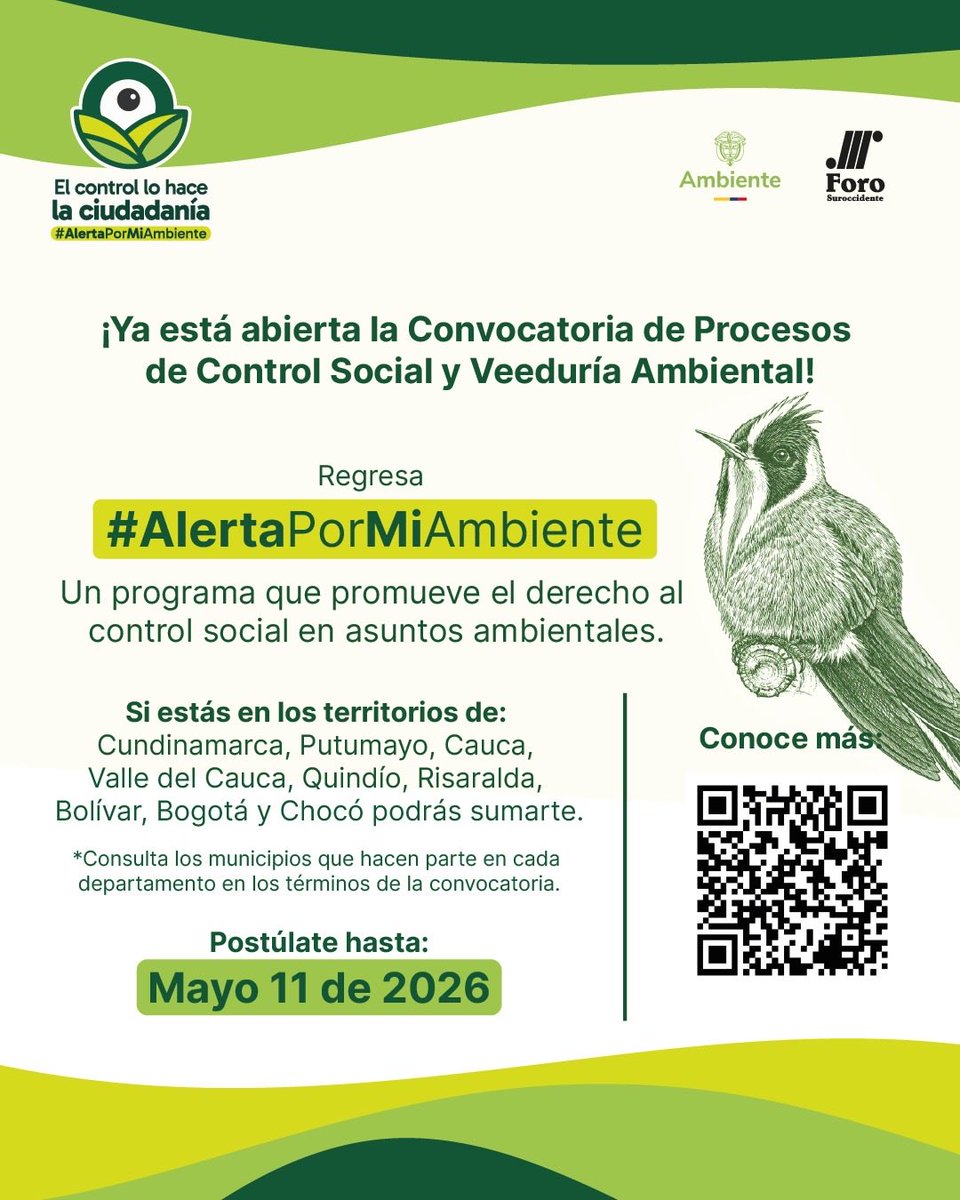 foronacionalcol's tweet photo. 📢 ¡Ya está abierta la Convocatoria de Procesos de Control Social y Veeduría Ambiental! 🌿

Súmate a #AlertaPorMiAmbiente el programa que promueve el derecho al control social en asuntos ambientales. 

🗓️ Postúlate hasta el 11 de mayo. 

https://t.co/X7pzOHIRXt https://t.co/LFzZ2CUxjB