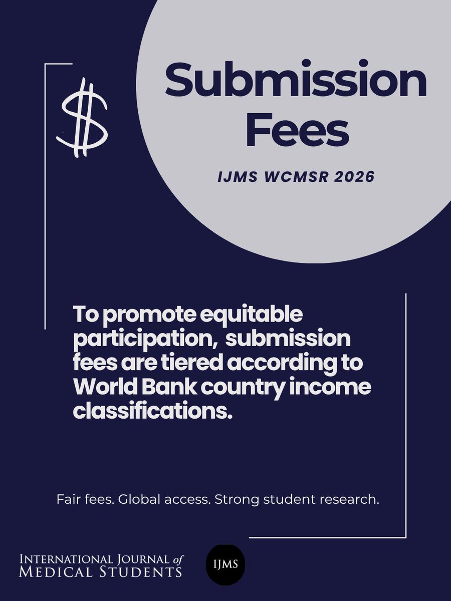 TheIJMS's tweet photo. Equitable access matters 🌍

#IJMS #WCMSR2026 uses tiered abstract fees based on income levels to support global participation.

Pay via PayPal (@editorijms) and upload confirmation with submission.

Deadline: May 10, 2026 ⏳

#MedicalStudentResearch #GlobalHealth #ResearchEquity https://t.co/NfQpxtt97P