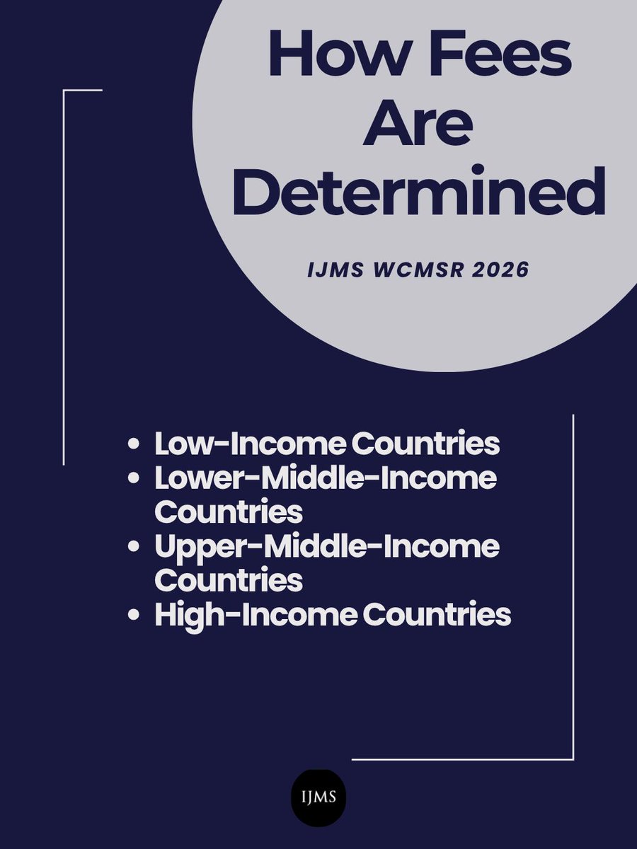 TheIJMS's tweet photo. Equitable access matters 🌍

#IJMS #WCMSR2026 uses tiered abstract fees based on income levels to support global participation.

Pay via PayPal (@editorijms) and upload confirmation with submission.

Deadline: May 10, 2026 ⏳

#MedicalStudentResearch #GlobalHealth #ResearchEquity https://t.co/NfQpxtt97P