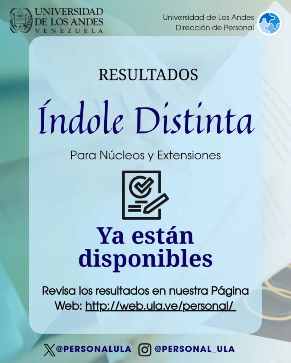 PrensaULANurr's tweet image. #Atención

Consulte los resultados del proceso de Índole Distinta para Núcleos y Extensiones de la Universidad de Los Andes, período abril de 2026 en: web.ula.ve/personal/  

#UniVe #ULA #Mérida #Táchira #Trujillo