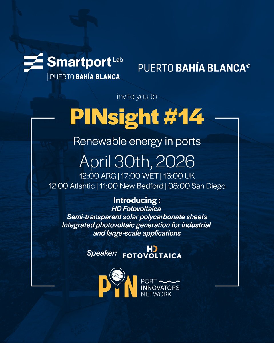 SmartPortLab's tweet photo. ⚓Nueva edición de PINsight #14
Junto a Port Innovators Network exploraremos sobre energías renovables en puertos. HD Fotovoltaica presenta su tecnología innovadora que integra generación fotovoltaica  en estructuras industriales
📅Jueves 30 
👉Inscripción https://t.co/GxNvrqhu3H https://t.co/h6VC1ziEZt