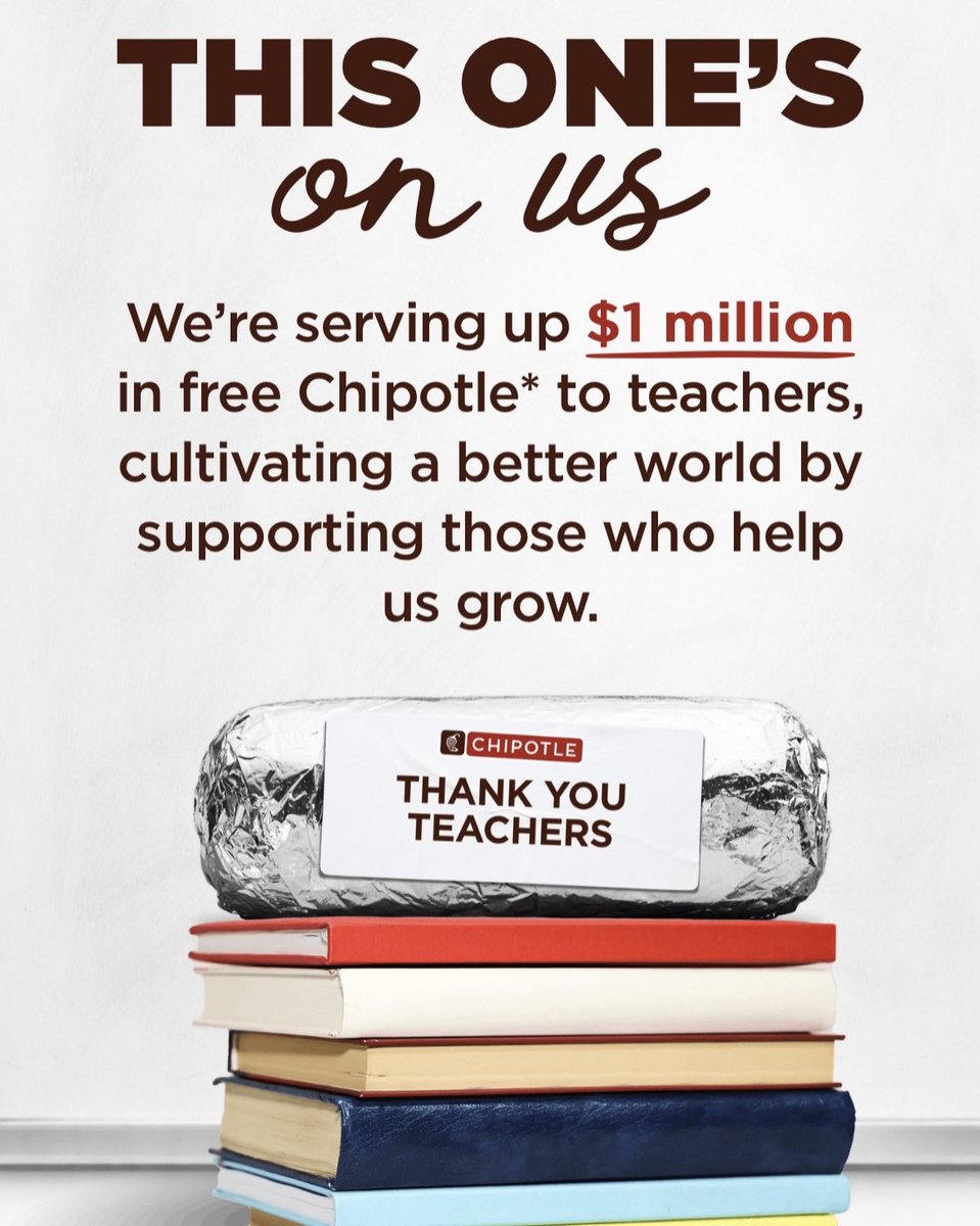 GlitchedDeals's tweet photo. FREE CHIPOTLE BURRITO FOR ESSENTIAL WORKERS

Chipotle is giving away 200,000 Burrito codes to teachers and healthcare professionals

Sign up by May 12th for a chance to win 

Teachers - https://t.co/aPbzdeY6kw
Healthcare - https://t.co/lrGy6j6H5C https://t.co/bK6ul9ZTtG