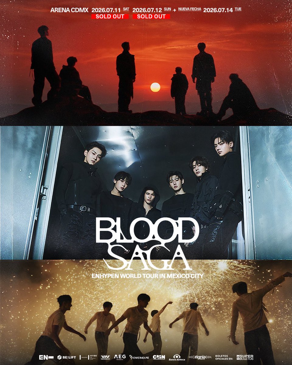 ailoviutl's tweet photo. ENHYPEN 💜 BLOOD SAGA WORLD TOUR
🗓️ Martes 14 de Julio del 2026 🗓️
🏟️ Arena CDMX 🏟️
📍 Ciudad de México📍 🇲🇽 México 🇲🇽

🎫 Venta General 10:00 AM 🎫 Acepta casi todas las tarjetas excepto: SPIN, SALDAZO, BANCOPPEL 🎫 Límite de Compra: 8 Boletos 🎫 Sala de Espera 9:01 AM (Dar Refresh)

Link: https://t.co/nQ4d1GpJhR

(EN ESTE MISMO ENLACE SE VENDERÁ LA TERCER FECHA)

🎟️ Precios de Boletos con Cargos 🎟️

BLOOD PACKAGE VIP: $12,330
SAGA PACKAGE VIP: $8,060
GA: $5,620
AMARILLO: $3,158
VERDE: $2,781
AQUA + SÚPER PALCO: $2,279
MORADO: $1,966
CELESTE: $1,715
GRIS: $1,275
CAFÉ: $1,024
ROSA: $836

🎫 Fechas de Preventas 🎫

Venta General: Martes 28 de Abril 10:00 AM*

-NO HABRÁ PREVENTA ENGENE MEMBERSHIP NI VENTA BANCO AZTECA-

*A través del sistema Superboletos, en taquillas de la Arena CDMX, El Palacio de Hierro, Farmacias del Ahorro e Innovasport

💳 Tipos de Preventa 💳

VENTA GENERAL; En esta venta acepta todo tipo de tarjetas ya sean débito o crédito: VISA, MASTERCARD y/o AMEX y el límite de compra será de 8 boletos. 

No se necesita algún código y no recomiendo pagar con alguna de estas tarjetas ya que presenta intermitencia al procesar el pago: Bancoppel, Mercado Pago, Saldazo y Spin.

💲 Boletera: Superboletos 💲

💳 Meses sin Intereses 💳

Banorte, Santander y AMEX; hasta 6 MSI

#엔하이픈 #ENHYPEN #EN_WORLDTOUR_BLOODSAGA #EN_BLOODSAGA #Fest #Festival #WorldTour #Concert #Concierto #CDMX #México #Music #Música #Ailoviutl #Tour2025 #Tour2024 #ArenaCDMX #Tour2026 #ENHYPEN_İS_7 #ENHYPEN_İS_SEVEN #KPOP #BLOODSAGA #BLOODSAGAWORLDTOUR #BLOODSAGA_IN_LATAM