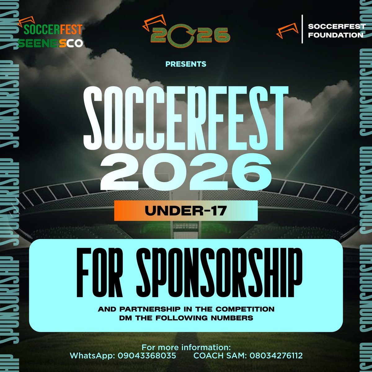 SoccerFestIfe's tweet photo. SoccerFest 2026 presents a sponsorship and partnership opportunity for businesses to engage with the local community. The forthcoming competition is an ideal platform for promoting youth development. We invite you to join us in supporting our young people. Contacts on flyer. https://t.co/DeiEkXyMSc