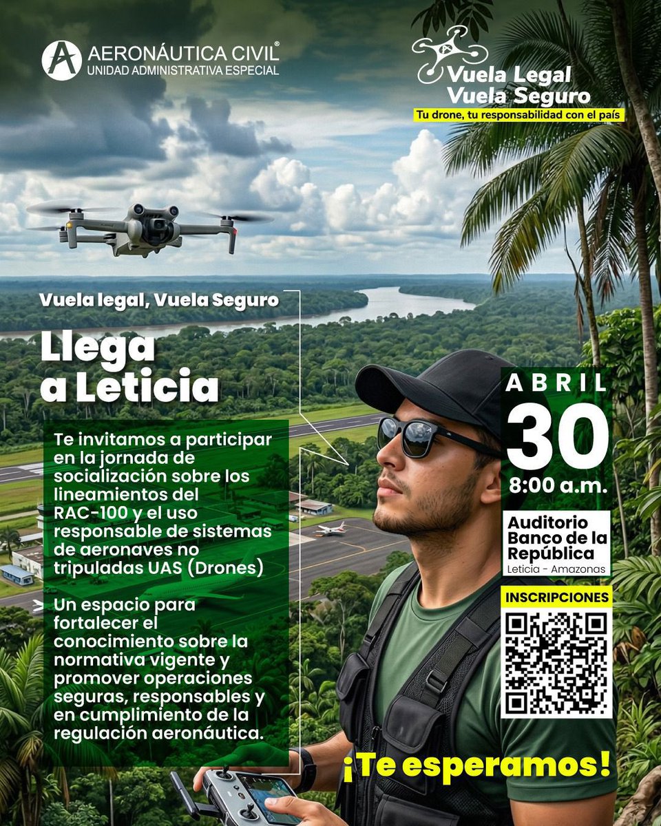 AerocivilCol's tweet image. #Drones | Si estás en Leticia y vuelas UAS (drones) esta invitación es para ti ✈️

Conoce la normativa del RAC 100 y aprende a operar de forma legal, segura y responsable en Colombia.

Inscríbete en el link de la biografía. ¡Te esperamos! 

forms.cloud.microsoft/pages/response…
