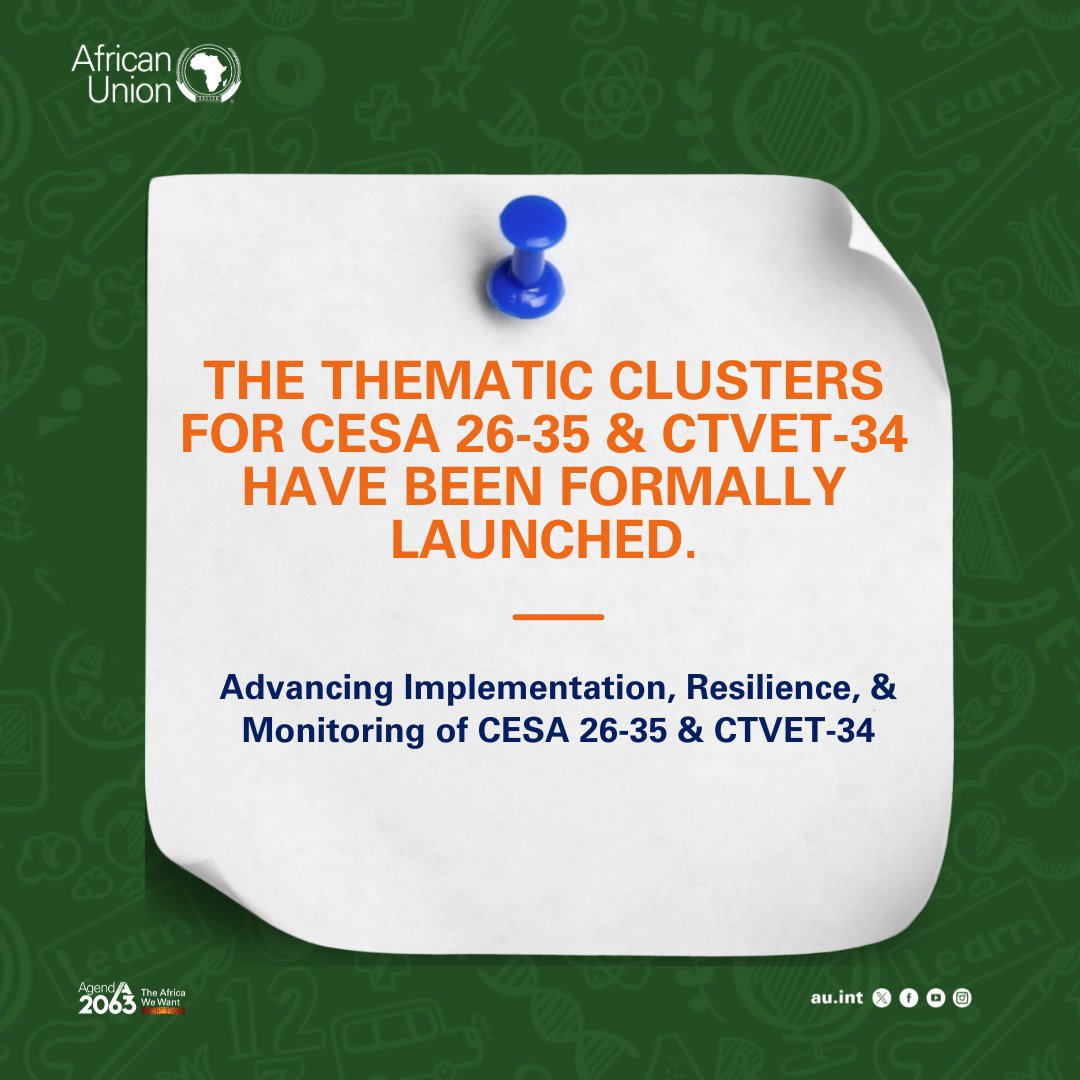 AUCEducation's tweet image. These clusters will serve as the engine room for continental #Education reform, bringing together experts and partners to move from policy to action. By working in unity, we are ensuring that every AU initiative translates into real progress for African classrooms and workshops.