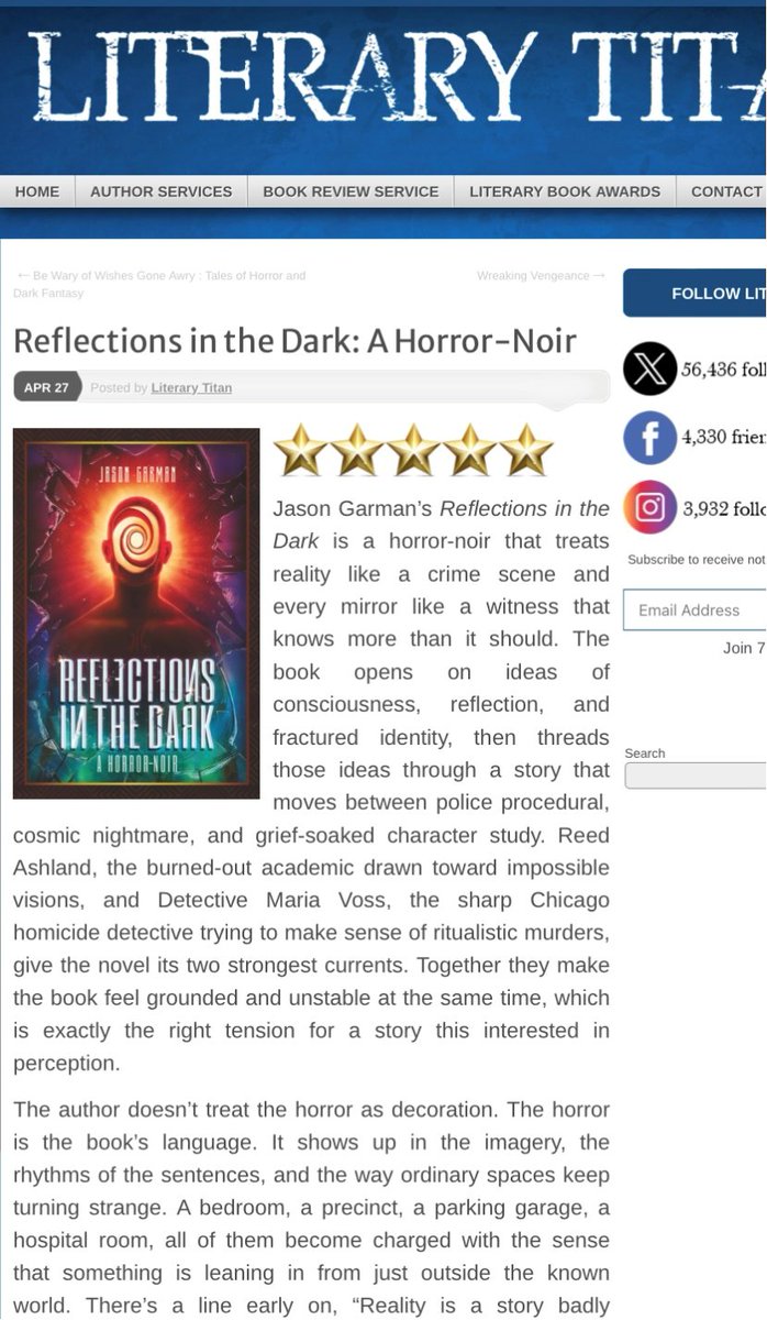 JasonGWrites's tweet photo. “A horror-noir that treats reality like a crime scene…” ★★★★★ — Literary Titan

Appreciate the review.

Full review + podcast: https://t.co/33DCOWJ8so
#BookTwitter #PsychologicalThriller #Horror #Noir #IndieAuthor #DarkFiction https://t.co/t3ScP05xG7