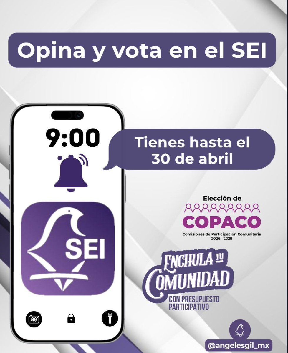 angelesgil_mx's tweet photo. 📱🗳️ Si te registraste en el #SEI, no olvides participar en la jornada anticipada de la Consulta de #PresupuestoParticipativo 2026 y 2027 y la elección de las #COPACO 2026-2029.

⏰ Tienes hasta el 30 de abril

@iecm
#ParticipaciónCiudadana #CDMX #EnchulaTuComunidad https://t.co/cfs3kPZt97