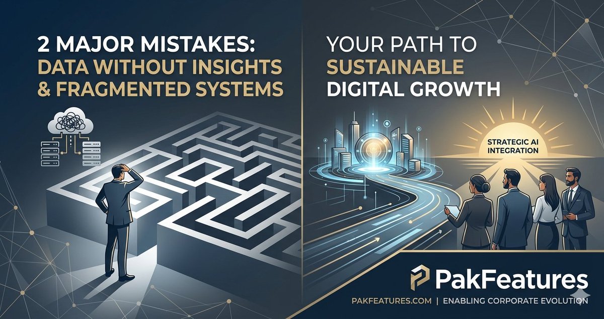 PakFeatures's tweet image. Two Critical Errors Stalling Corporate Evolution in 2026

In the race to digitize, velocity often overtakes strategy.
#DigitalTransformation #StrategicGrowth #CorporateStrategy #DataAnalytics #ERP #SystemsIntegration #PakFeatures #TechLeadership