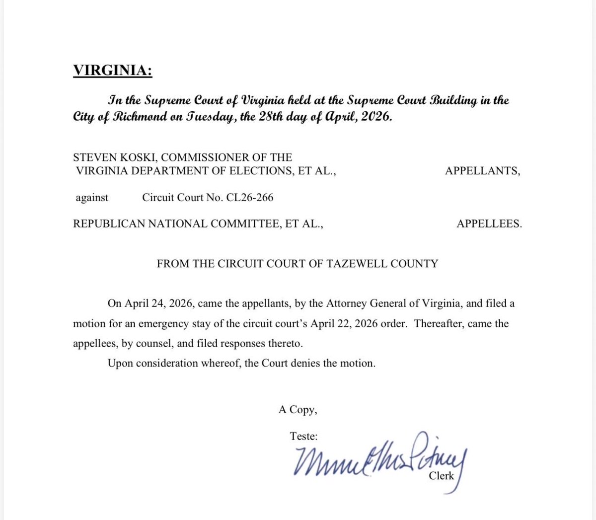 BillDeSteph's tweet photo. This just in…SCOVA denies the AG’s motion. https://t.co/WTDv0WZ0rJ