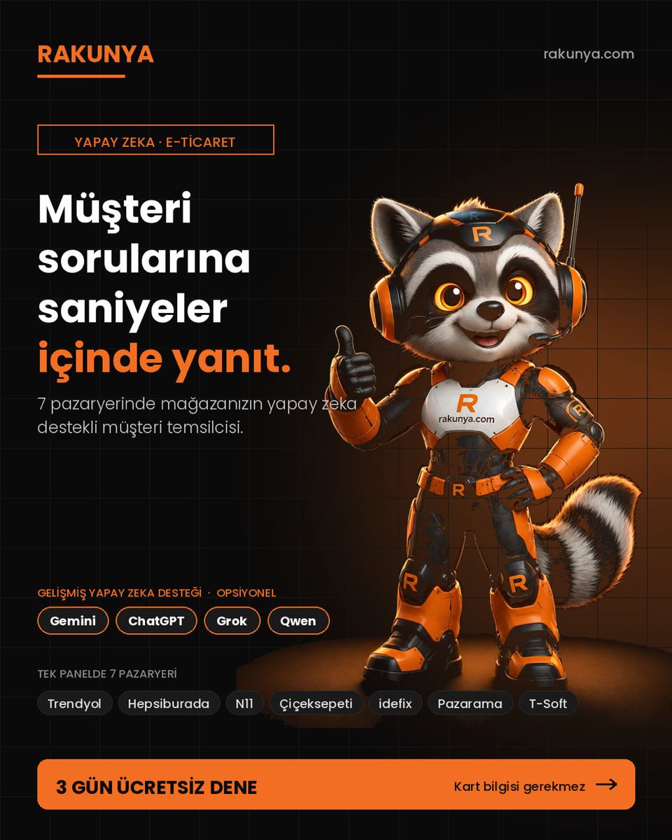 Rakunya_ai's tweet photo. Tanışın, Rakunya. 🚀
E-ticarette müşteri soruları hiç durmaz — gece, hafta sonu, tatil...
✓ 7 pazaryeri tek panelde
✓ ChatGPT, Gemini, Grok, Qwen desteği
✓ Marka tonunuza özel yanıtlar
3 gün ücretsiz dene, kart bilgisi gerekmez.
👉 https://t.co/hispIjN4Uf https://t.co/RkbAM087hC