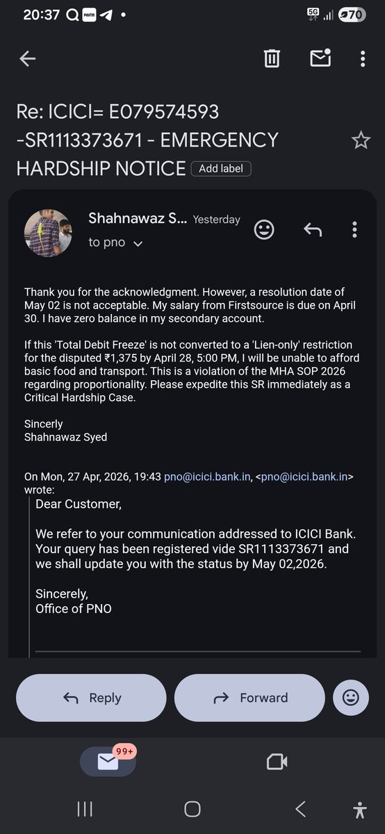 Shanu1186225's tweet image. @ICICIBank_Care @RBI URGENT: My salary account is FULLY FROZEN for a tiny ₹1375 dispute from 2025. I am a Firstsource employee with ZERO BALANCE for food/rent. SR1113373671 was raised, This violates MHA SOP 2026 on proportionality. #ICICIBank #BankingOmbudsman #CyberCrime
