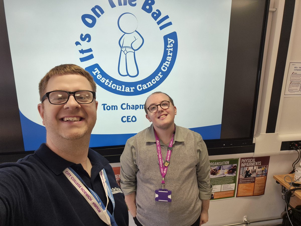 Itsontheball's tweet photo. This morning we have been at The Parkside School in Norwich where we delivered 4 sessions to their students. This afternoon we have been back at City College Norwich for our 11th awareness talk in the last couple of weeks! Thank you to PD Lead Jacob for helping to organise and coordinate all these sessions! These sessions have been kindly funded by Anguish's Educational Foundation, allowing us to continue our vital awareness talk programme in the heart of Norwich.
#TesticularCancerAwareness #ItsOnTheBall #CheckYourself #CancerAwareness