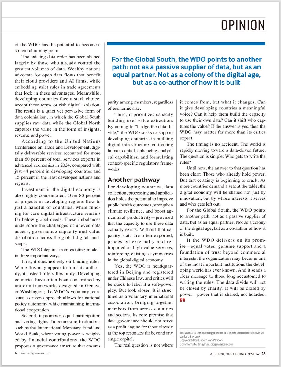 BeijingReview's tweet image. #BeijingReview #Opinion For the Global South, the World Data Organization points to another path: not as a passive supplier of data, but as an equal partner. Not as a colony of the #digital age, but as a co-author of how it is built.
bjreview.com/Opinion/Voice/…
