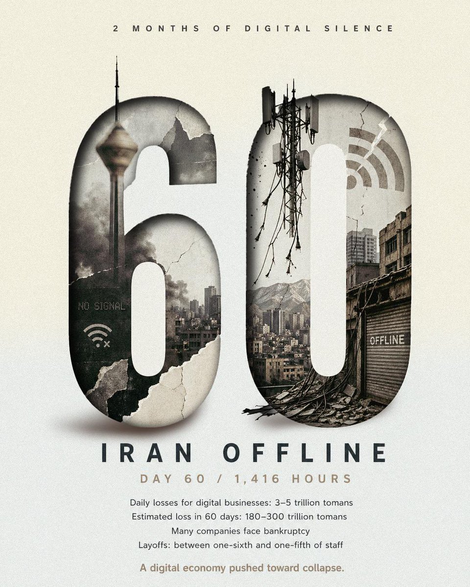 behemoth_iran's tweet photo. 60 days without internet is a crime against humanity.
#DigitalBlackOutIran‌ 
#IranMassacre‌ https://t.co/d41gY4t1GX