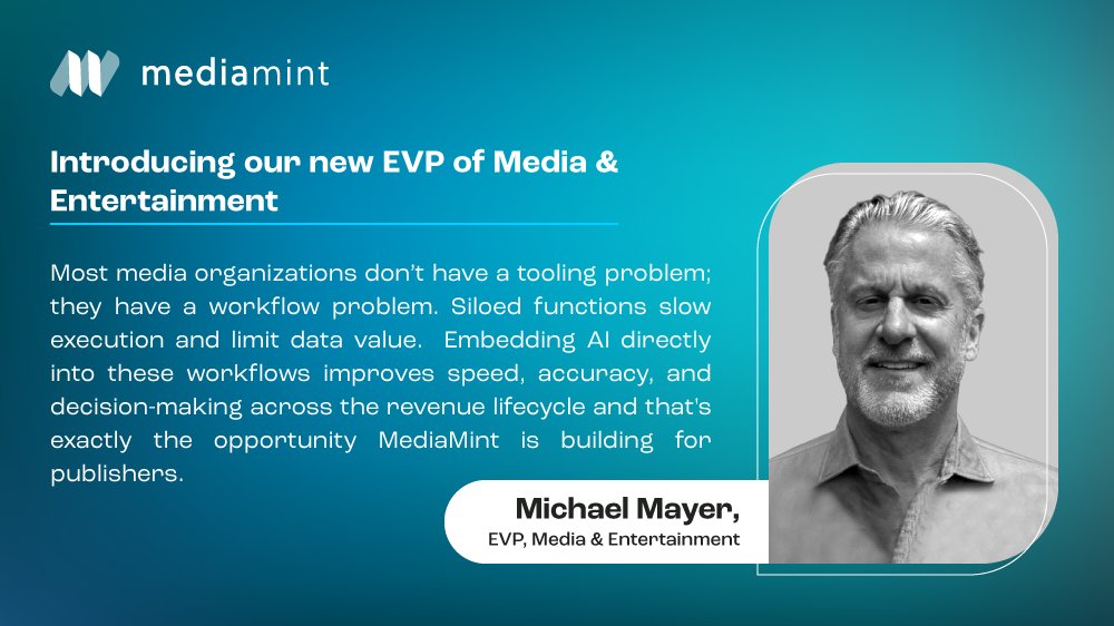 media_mint's tweet photo. A warm welcome to Michael Mayer as EVP, Media &amp; Entertainment🤝

With 30+ years at major organisations, he’ll drive revenue ops integration, aligning planning, sales with our Service‑as‑a‑Software model &amp; Mia, our agentic intelligence platform.

🔗https://t.co/baC99vceH1 https://t.co/2qFtqDH6vN