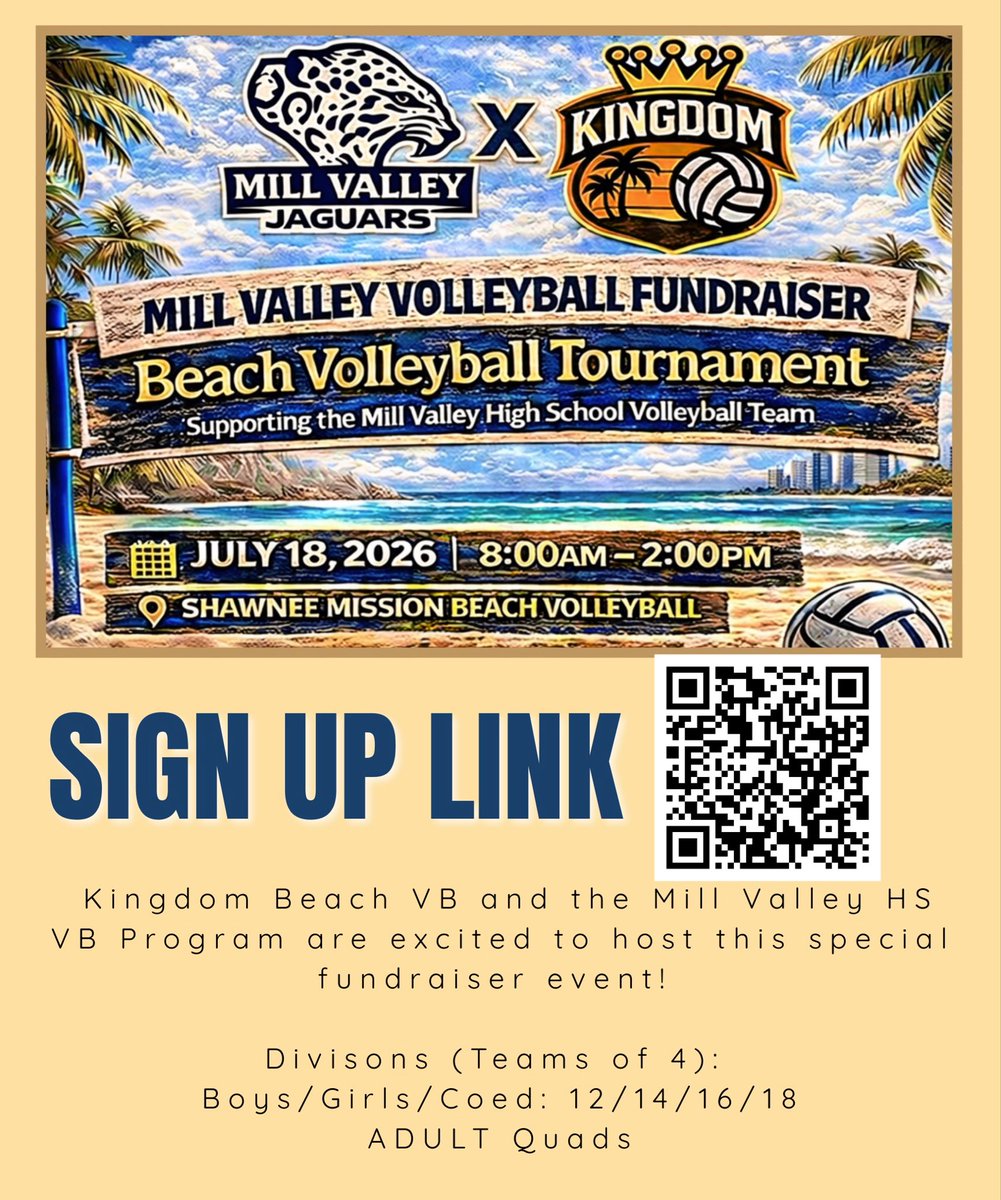 MillValleyVB's tweet photo. Grab some friends and come play sand volleyball this summer! Proceeds help support the Mill Valley Volleyball Program. 

Divisions:
-12u, 14u, 16u, 18u
-ADULT https://t.co/5pHMd1euI6