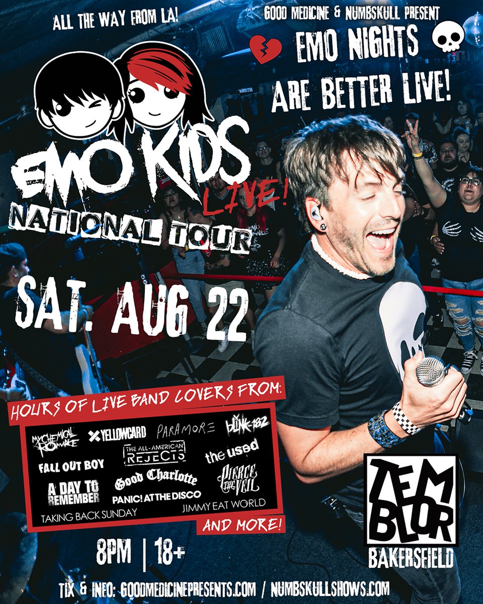 GoodMedicine805's tweet image. JUST ANNOUNCED - Emo Kids at Temblor Brew Aug 22nd!! Tix on sale NOW at goodmedicinepresents.com

@NumbskullShows #goodmedicine #temblor #Bakersfield