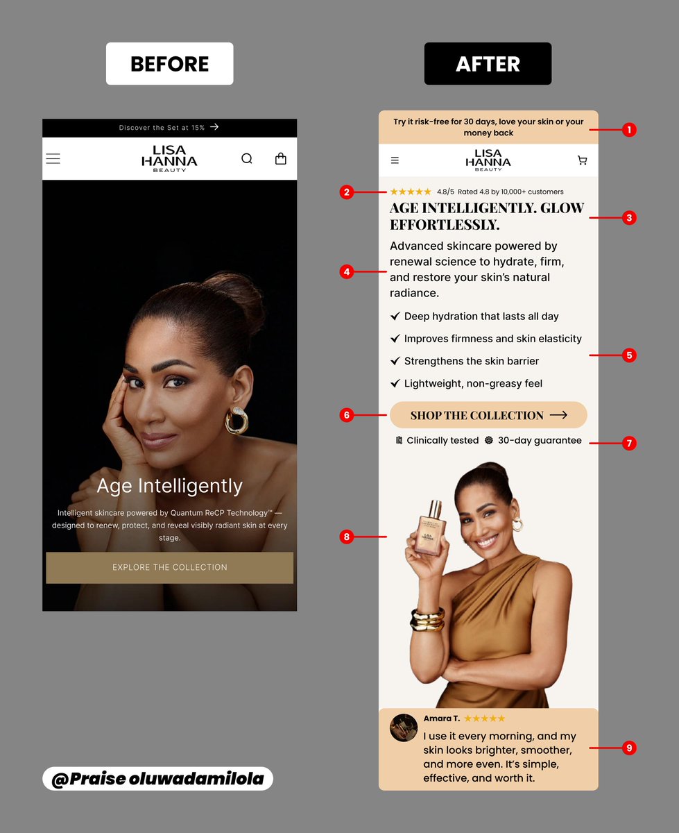 oluwadamil50842's tweet image. Before: elegant, but vague.
After: clear, persuasive, and built to convert.

#CRO #Ecommerce #DTC #Shopify #ConversionRateOptimization #LandingPageDesign #ProductPage #UXDesign #UIDesign