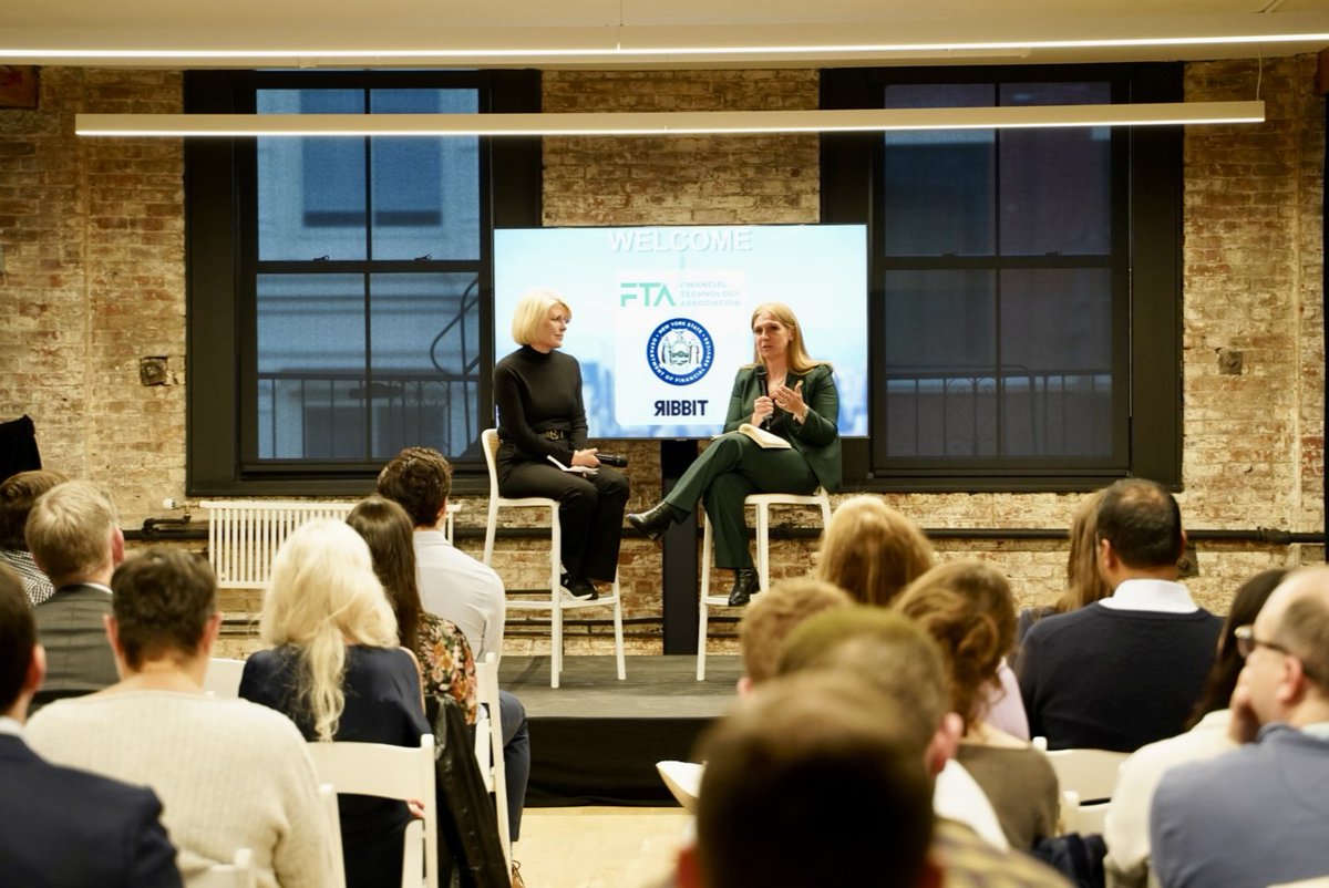 NYDFS's tweet photo. Joined by @fintechassoc CEO @PennyLeeDC, DFS took part in a discussion focused on the financial services landscape to kick off #NYFinTechWeek 2026.

She highlighted how DFS is advancing responsible regulation to protect consumers and support responsible growth. https://t.co/CANIpBPWJ9