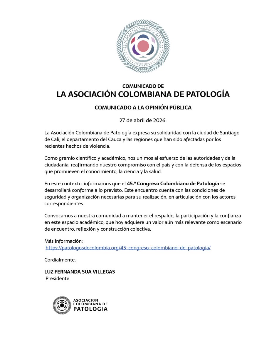asocolpat's tweet photo. Solidaridad con el Valle y Cauca ante la violencia reciente. El 45.º Congreso Colombiano de Patología sigue adelante, con seguridad garantizada. Unidos por la ciencia y la salud. Detalles e inscripciones aquí: https://t.co/rZcWN6m9ws #CienciaParaElPaís https://t.co/1ToldEyarq