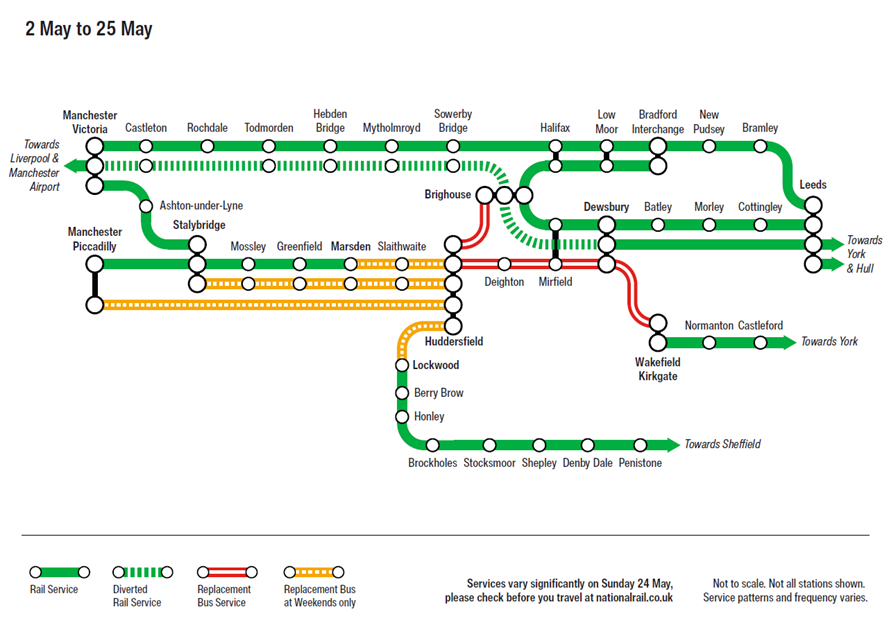 TPEassist's tweet image. ⚠️ Weekdays between Monday 4 May and Monday 25 May 

🛠️ Services will be impacted whist @theTRUpgrade improvement works are carried out between #Huddersfield and #Mirfield on weekdays. 

🚆 Some services will be diverted between #Manchester and #Dewsbury via #Brighouse. 

🚌