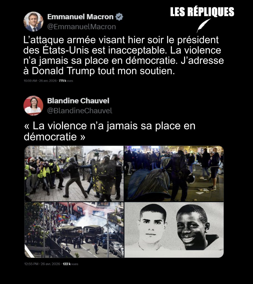 Les_Repliques's tweet photo. Le président @EmmanuelMacron adresse tout son soutien au président des États-Unis Donald Trump après qu’un homme a tenté de forcer l’entrée du dîner des correspondants à la Maison Blanche

@BlandineChauvel https://t.co/MgLcQHoFuG