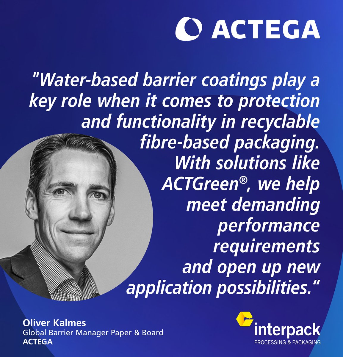 ACTEGA_global's tweet photo. Only a few days to go until we showcase our innovative solutions for print and packaging at #Interpack 2026. One focus will be on our #ACTGreen® Barrier Coatings, which enable a sustainable alternative to multilayer substrates. Meet us from May 7–13 at our booth D59! https://t.co/JmlgeoZpPP