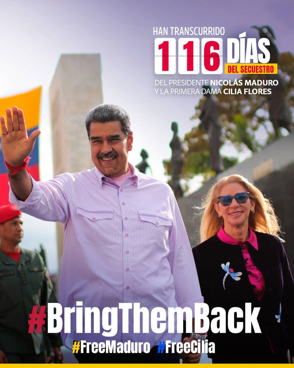 EmbCongo_ve's tweet photo. Exigimos la liberación y el regreso de la pareja presidencial, Nicolás Maduro y Cilia Flores, a 116 días de su vil secuestro. 
@Cancilleria_ve @yvangil @ypimentel2021 
#BringThemBack
#FreeThemNow
#FreeMaduro
#FreeCilia https://t.co/THYT48Bff7