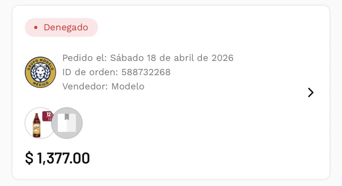 luis_24_06's tweet photo. Que mal que @GrupoModelo_MX tenga un pésimo servicio de entrega, en SLP tienen una logística pésima, se pidió el 18 de abril y el 28 me mandan que mi pedido se canceló 🤷‍♂️ pierden un amante de la Victoria alv https://t.co/I0mujhb5eB