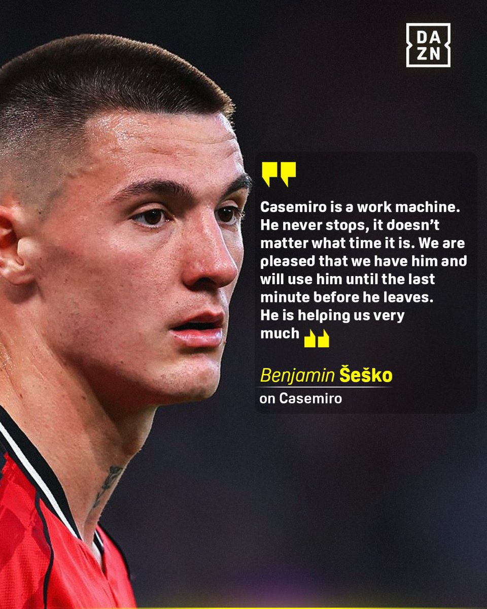 DAZNFootball's tweet image. Relentless from start to finish 💪

Casemiro’s impact doesn’t go unnoticed as Benjamin Šeško highlights just how crucial he’s been 🔴

#PremierLeague
