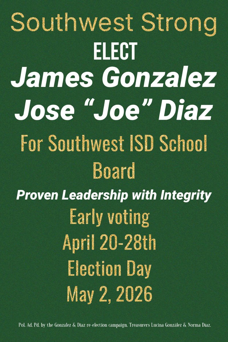 RGCA's tweet photo. Last Day of Early Voting happening today 4/28/26 until 7 P.M. Please stop at any Bexar County Election site or @SWISD Admin Office to vote! https://t.co/ugNsxx6XbG