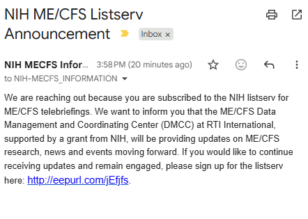 TomKindlon's tweet image. An alternative email list has been just announced for "NIH ME/CFS Research and News Updates"

eepurl.com/jEfjfs

#MEcfs #PwME
